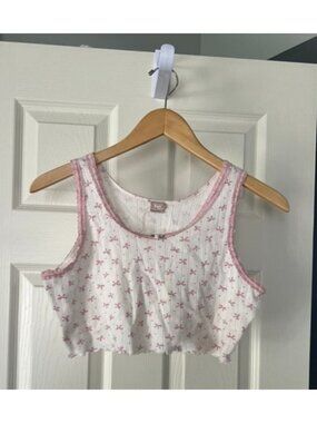 Messy Bun Just Chillin Bow Print Crop Top Medium Coquette Lace Trim Cottagecore